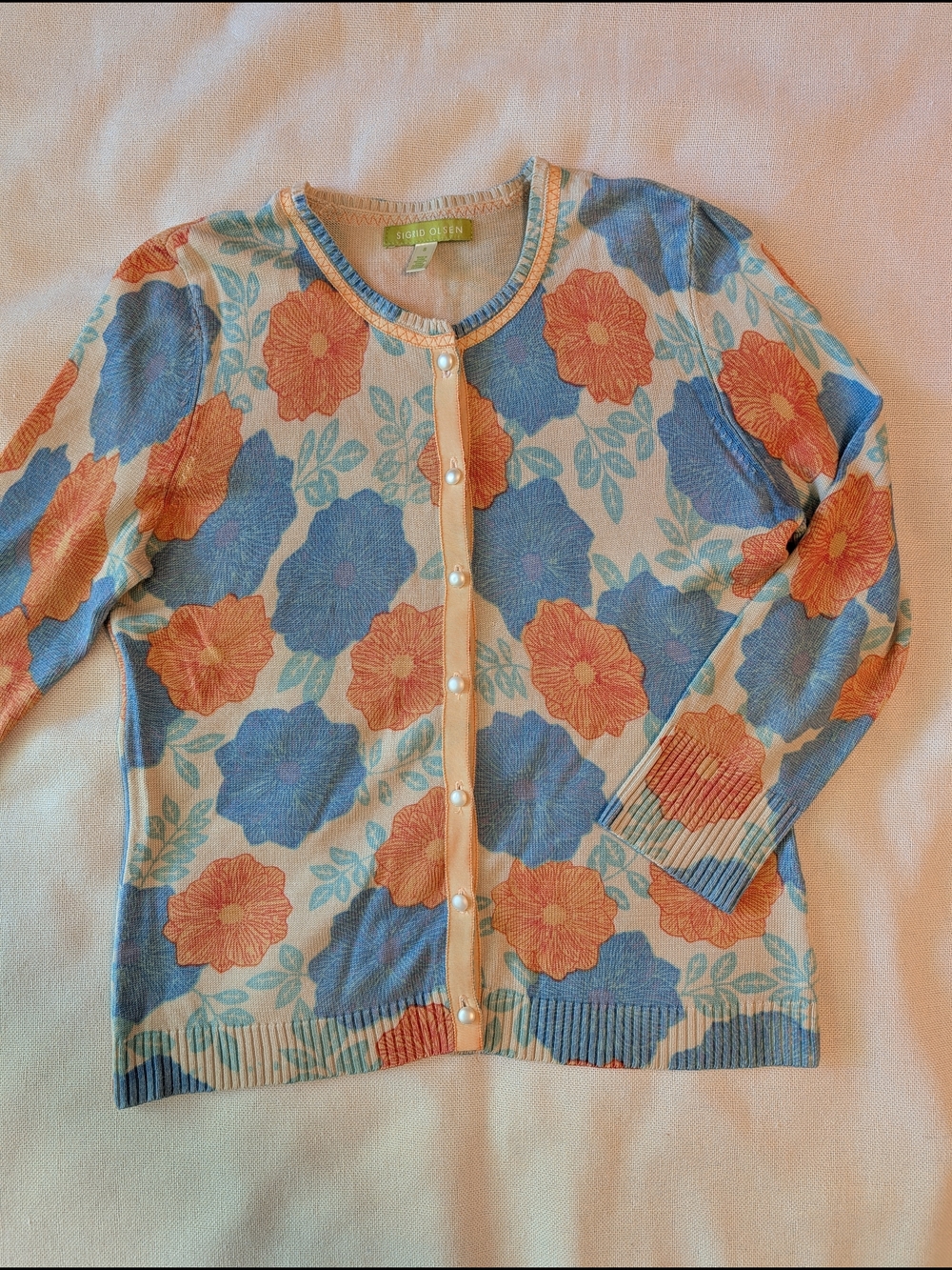 Sigrid Olsen Silk Blend Blue & Orange Floral Pearl-Button Cardigan